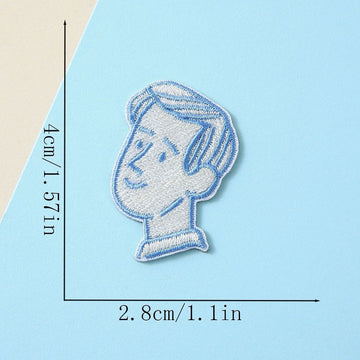 pastel blue side-part boy minimalist line art embroidered stick-on patch