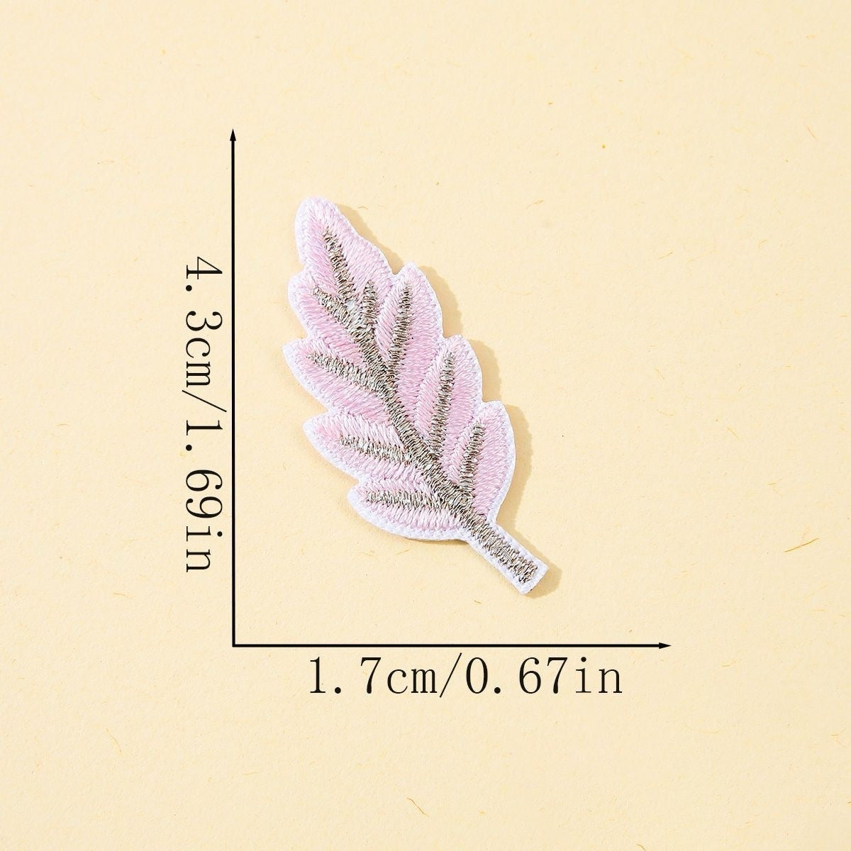 pink leaf embroidered stick-on patch with silver metallic vein detail