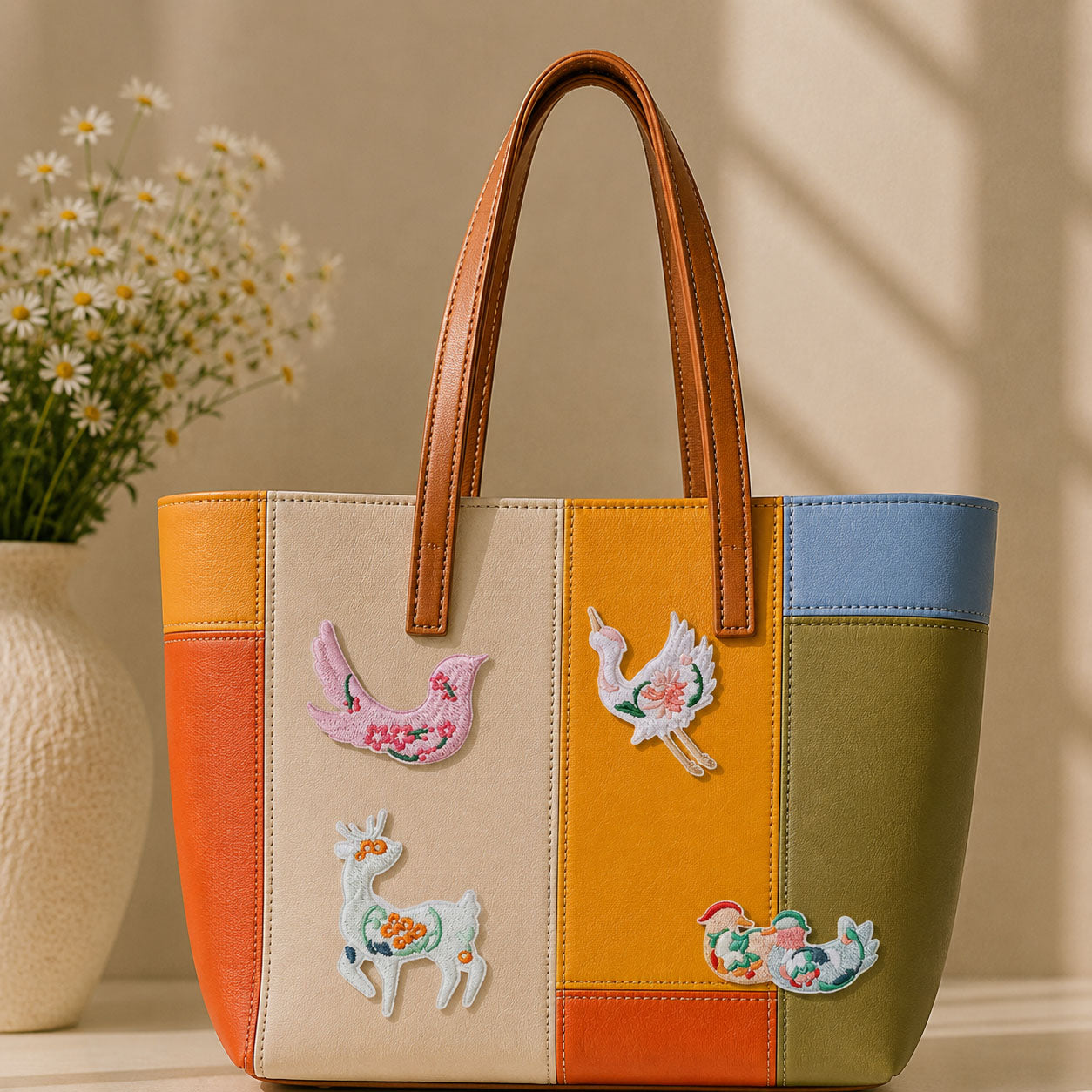 chinese crane deer bird and duck with floral motifs stick-on patches decorating a multicolor stripe leather handbag