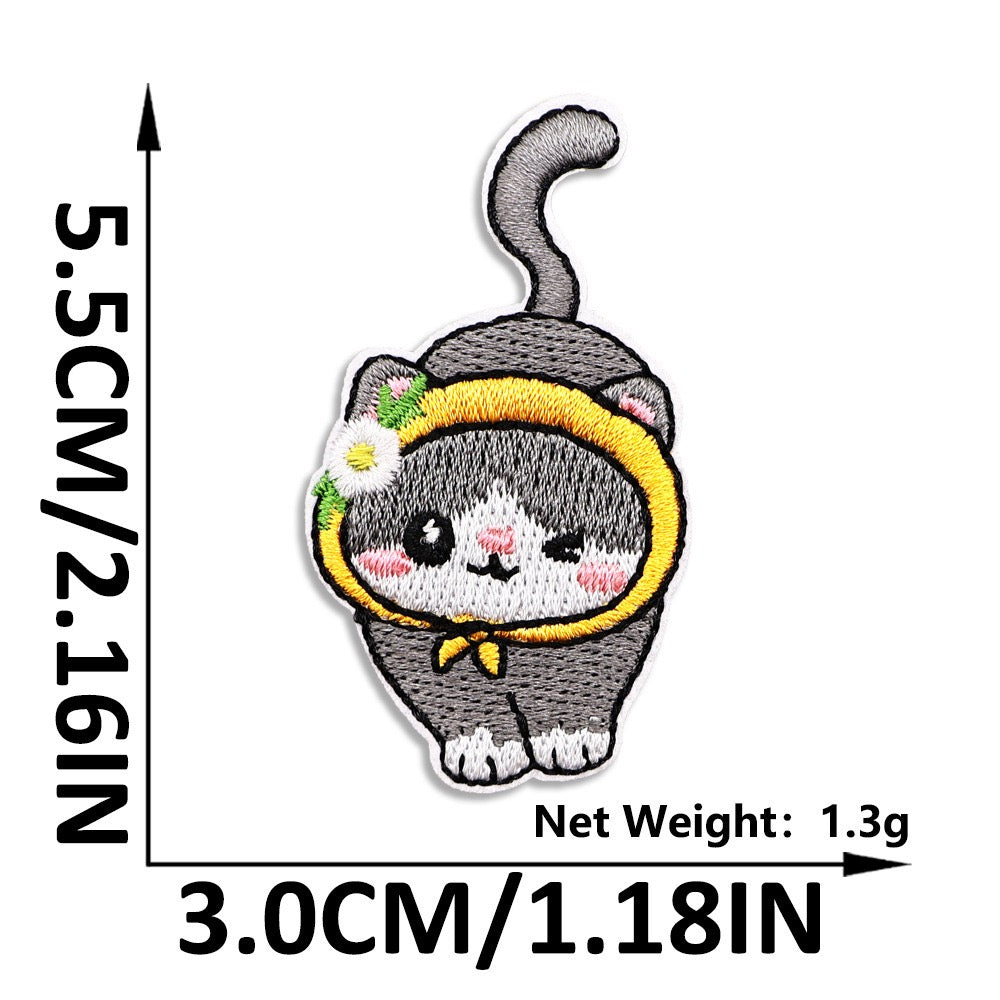 grey tabby in yellow floral bonnet embroidered patch