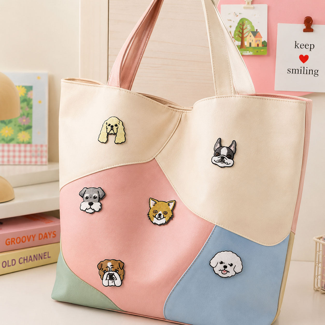 cocker spaniel schnauzer french bulldog corgi bulldog and poodle face stick-on patches decorating a pink blue and mint color-block leather handbag