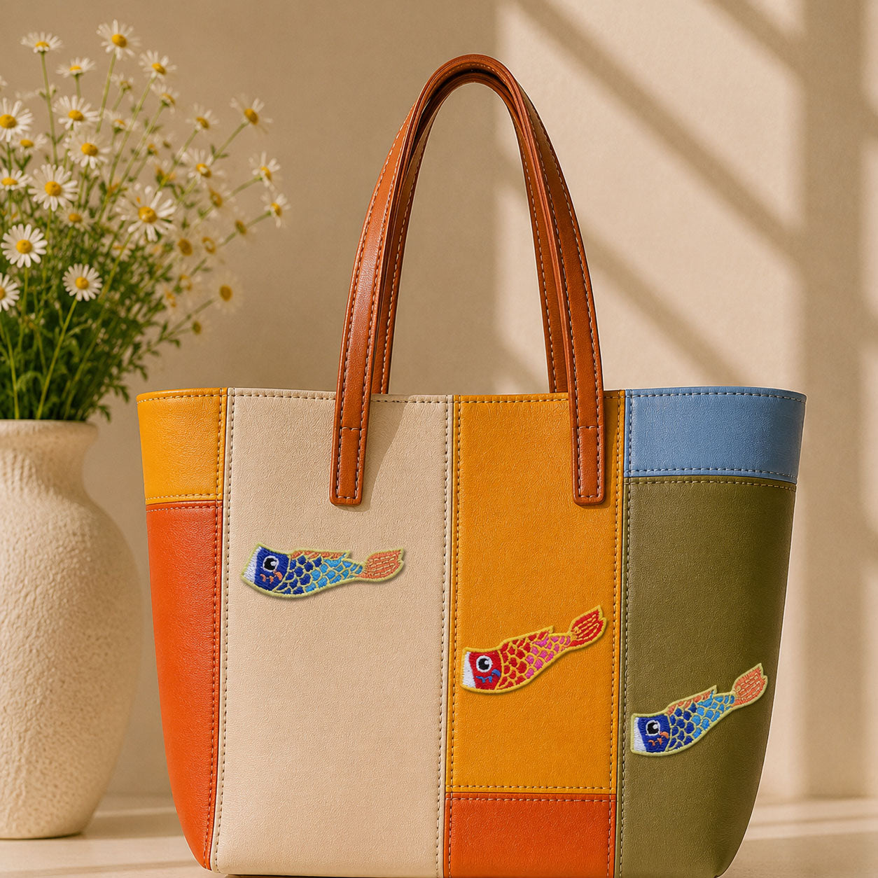 blue red and teal japanese koinobori carp streamer stick-on patches decorating a multicolor stripe leather handbag