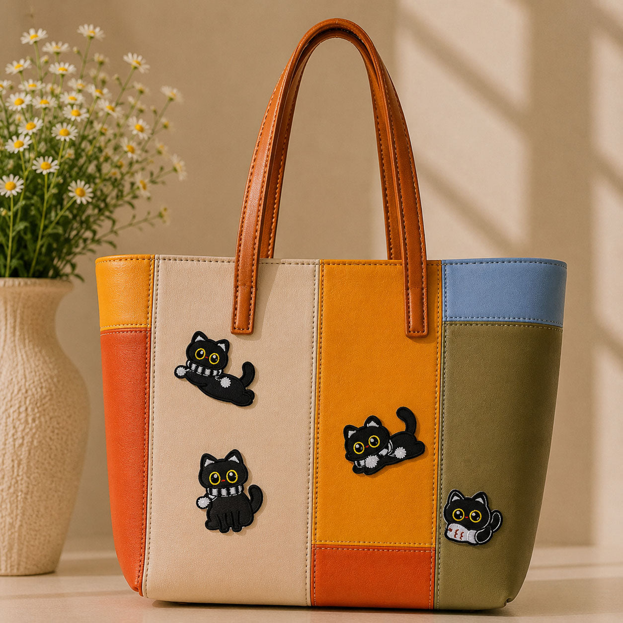 black cat with white striped scarf and daisy in jumping sitting crawling and lying poses stick-on patches decorating a bold orange yellow and olive stripe leather handbag