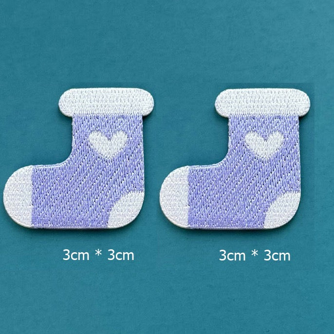 lavender purple heart stocking embroidered stick-on patches — pair of soft purple stockings with white cuff white heart and white toe 30x30mm