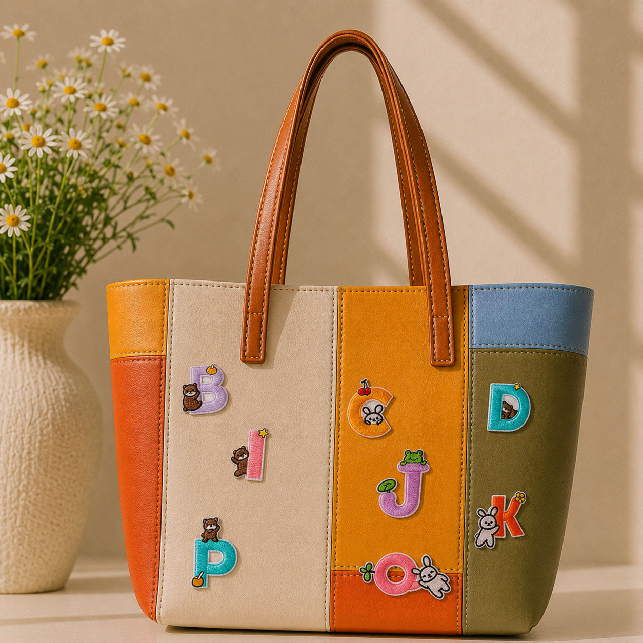 cute bear bunny frog raccoon and otter letter patches B C D I J K O P decorating a bold multicolor leather handbag