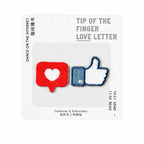 heart and thumbs up icon embroidered stick-on patches — red heart bubble and blue like button pair