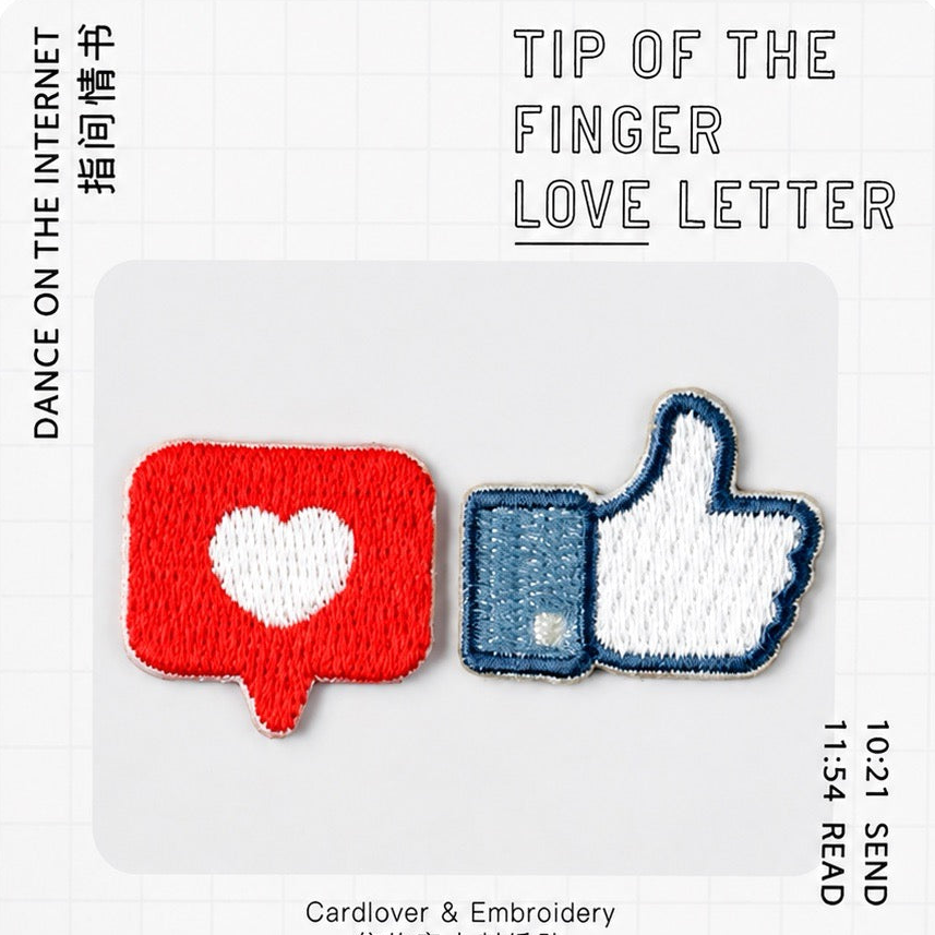 internet symbols embroidered stick-on patches — ctrl+c ctrl+v keys heart thumbs up typing dots emmm bubble and battery level pairs on card packaging