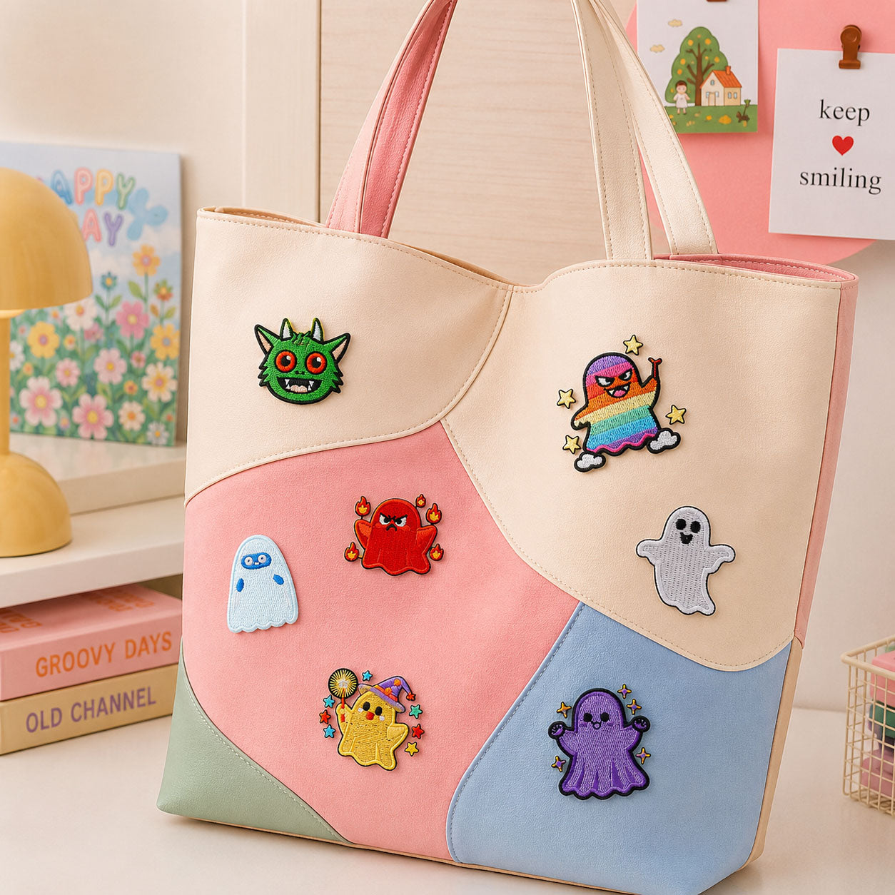 ghost monster rainbow spirit and star wizard stick-on patches decorating a pink blue and mint color-block leather handbag