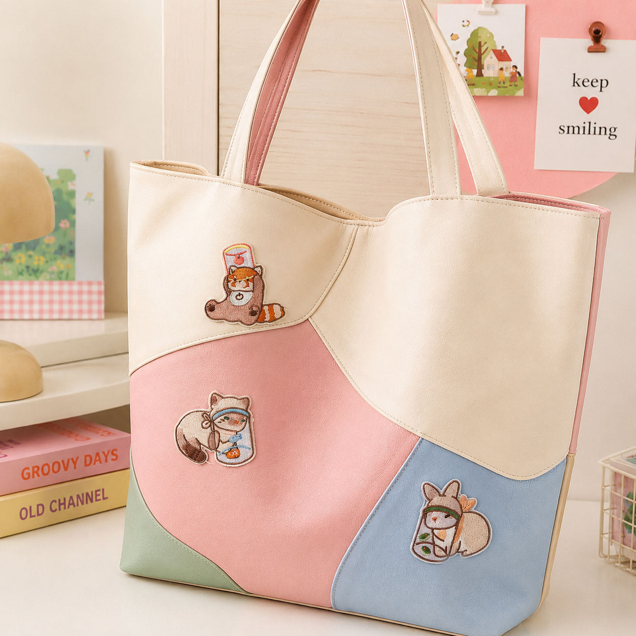 red panda raccoon and bunny stuck in milk tea jam and matcha jar stick-on patches decorating a pink blue and mint color-block leather handbag