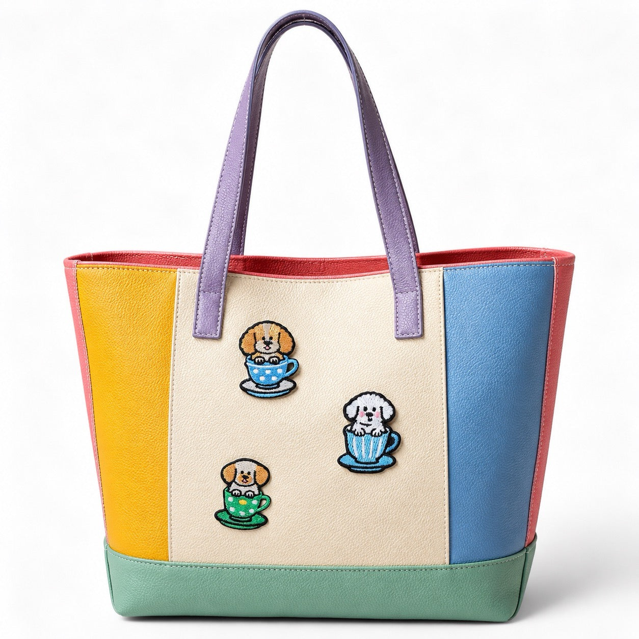 multiple teacup dog embroidered stick-on patches on canvas tote bag — polka dot and plaid cup designs