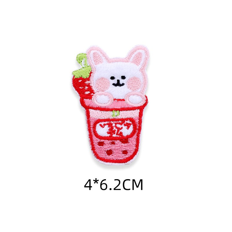 cheerful white bunny strawberry milk bubble tea kawaii embroidered stick-on patch