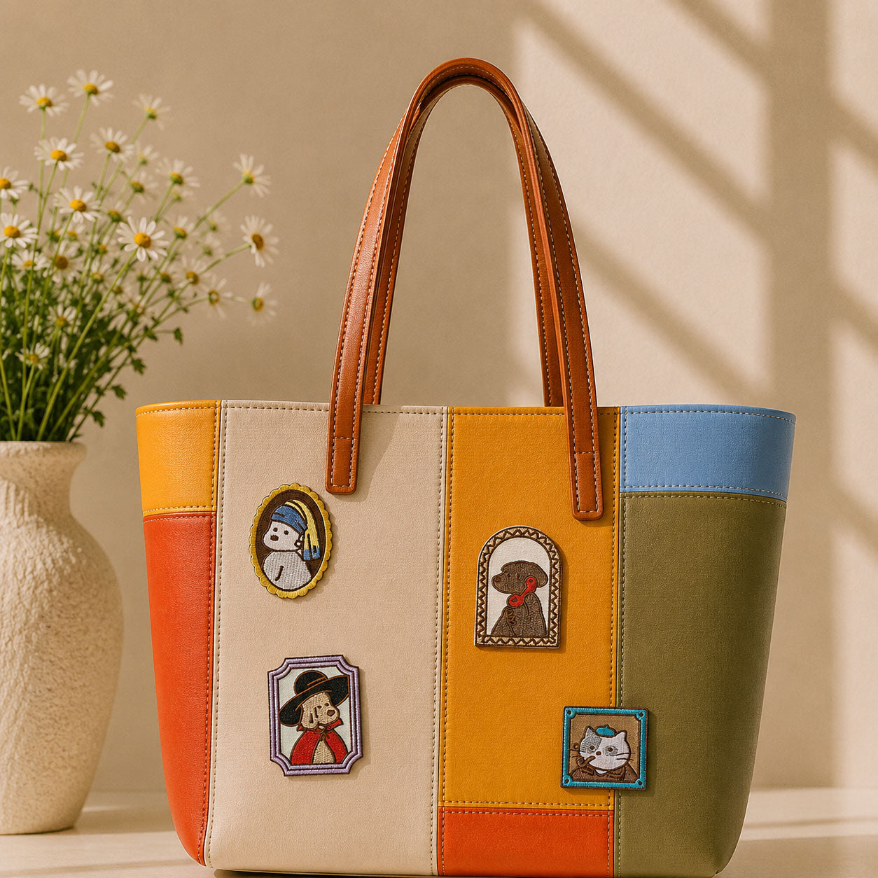cat and dog in vermeer spanish portrait and beret artist parody frame stick-on patches decorating a bold orange yellow and olive stripe leather handbag