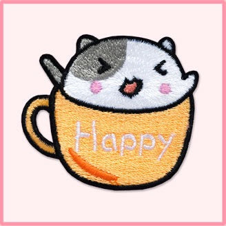 happy orange teacup cat kawaii embroidered stick-on patch