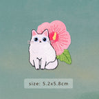 fluffy white cat with pink hibiscus embroidered stick-on patch