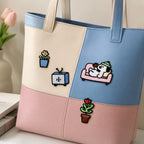 multiple cozy dog daily life embroidered stick-on patches on canvas tote bag — sofa and tv designs