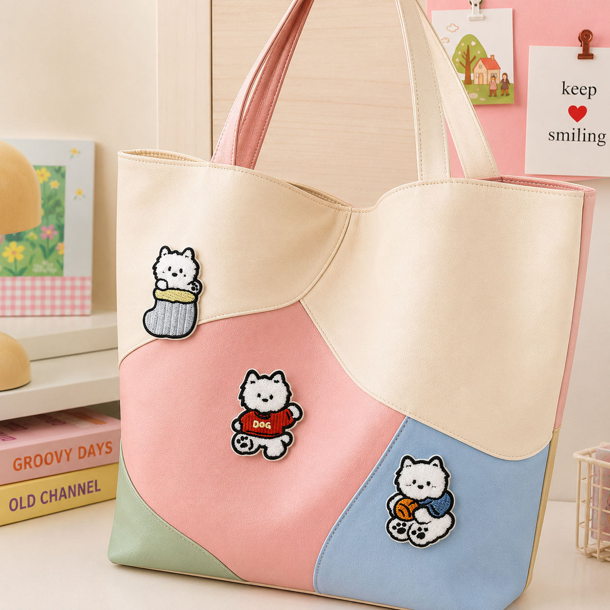 white westie in knit sock red sweater and holding coffee cup stick-on patches decorating a pink blue and mint color-block leather handbag