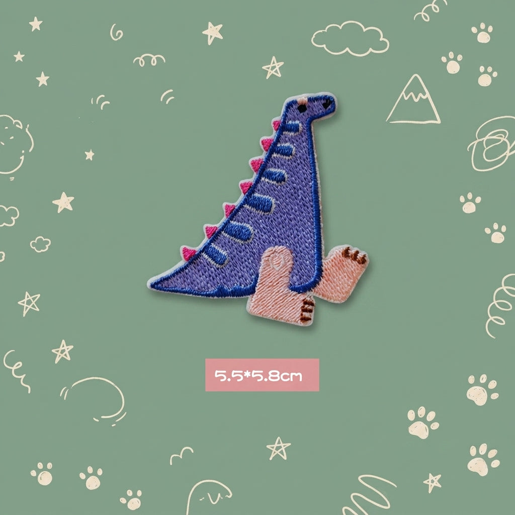 purple Spinosaurus kawaii embroidered stick-on patch — tall slim purple dinosaur with colorful dorsal fin long neck and gentle expression