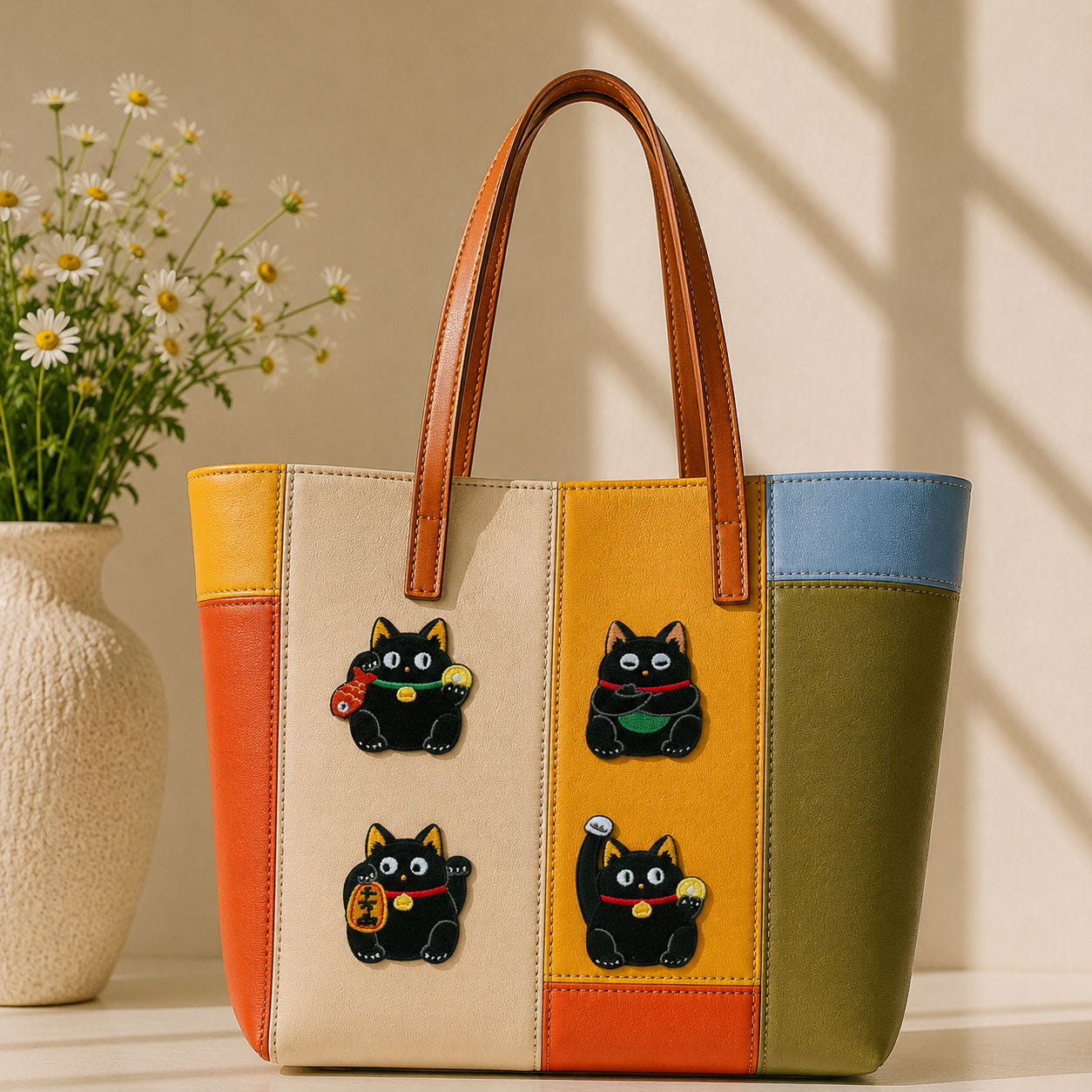 black maneki neko cat holding fish coin ingot and lucky charm stick-on patches decorating a bold orange yellow and olive stripe leather handbag
