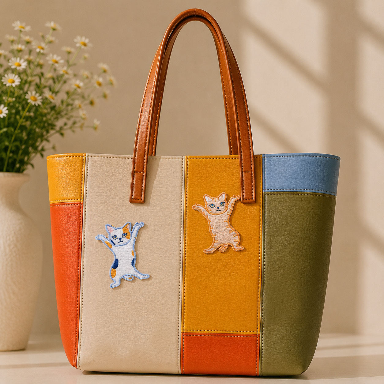 calico and tabby cat in funny arms-out dancing pose stick-on patches decorating a bold orange yellow and olive stripe leather handbag