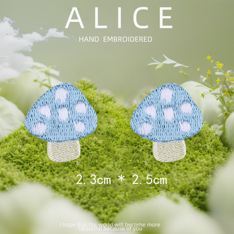 blue polka dot mushroom pair embroidered stick-on patch