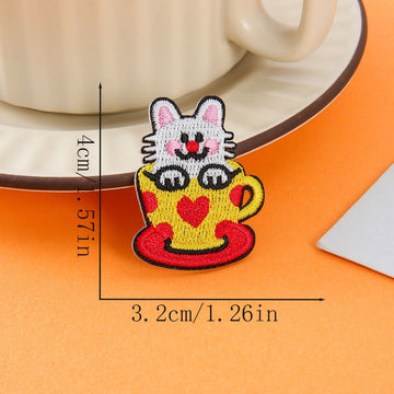 white cat in red heart cup embroidered stick-on patch