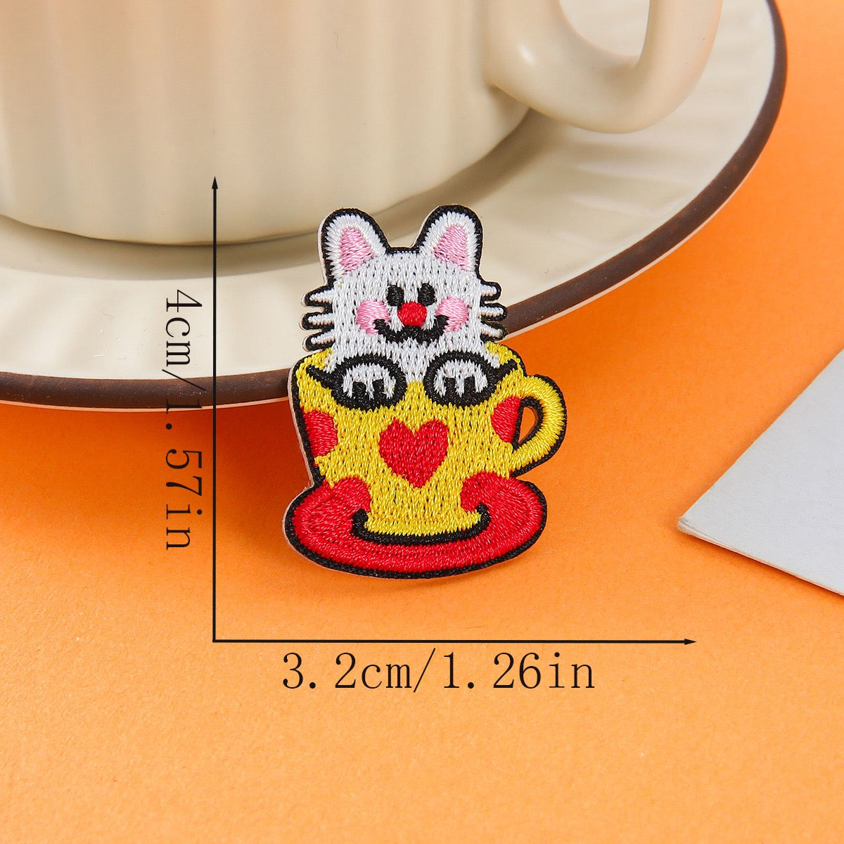 white cat in red heart cup embroidered stick-on patch