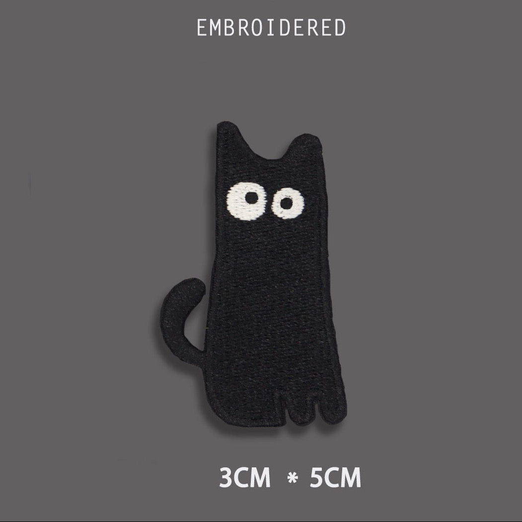 watchful sitting black cat embroidered stick-on patch