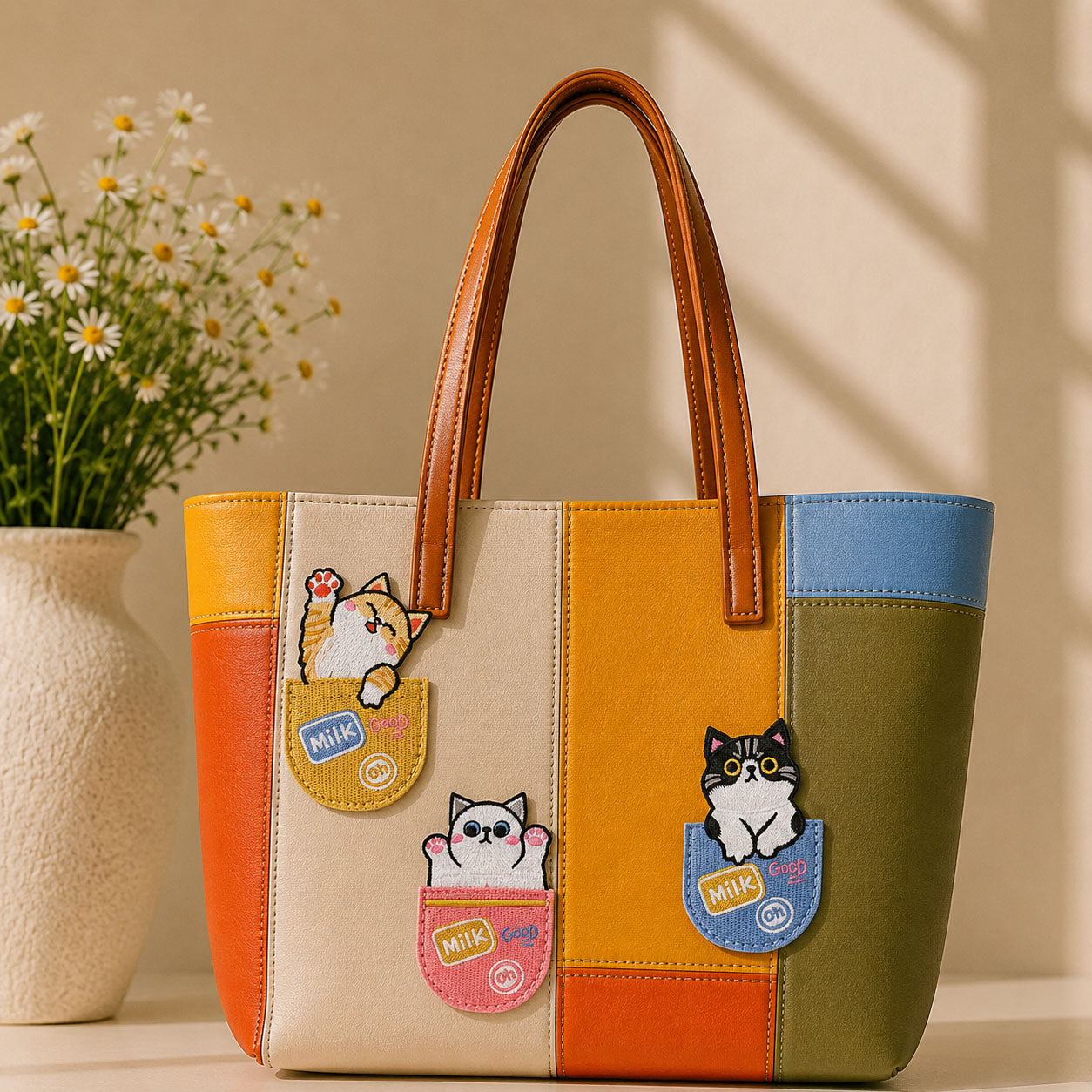 orange white and tuxedo cat peeking out of yellow pink and blue milk pocket stick-on patches decorating a multicolor stripe leather handbag