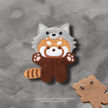 Embroidered Pins of a Full Body Cute Red Panda in a Hat