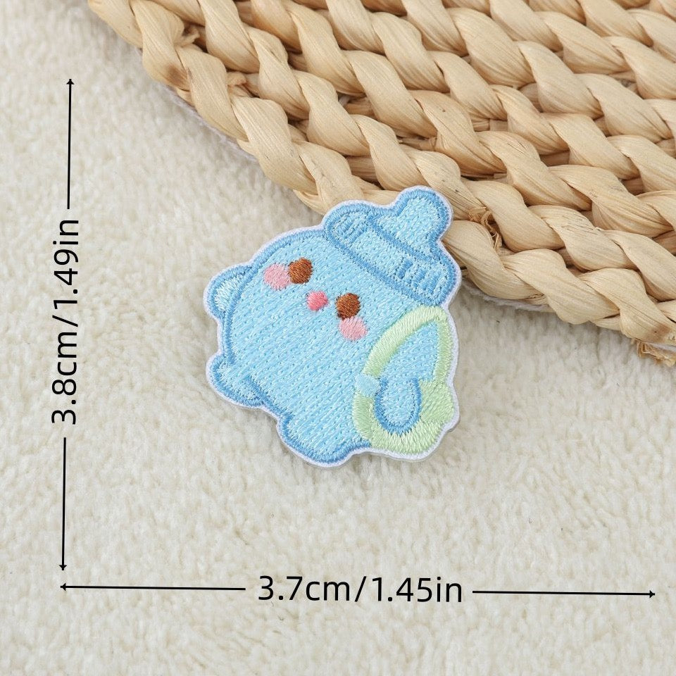sky blue chubby baby bottle elf with swim ring embroidered stick-on patch