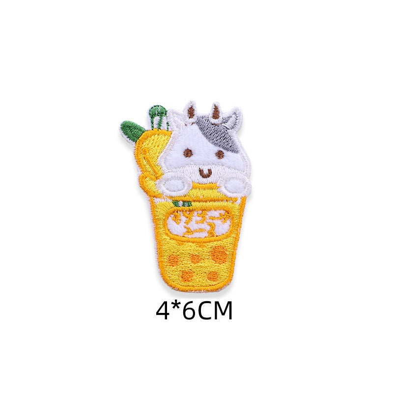 tiny spotted cow mango boba bubble tea kawaii embroidered stick-on patch