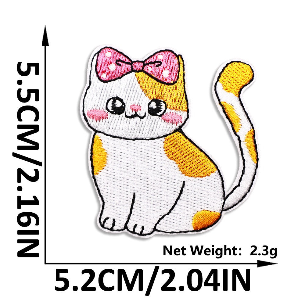 orange calico cat with pink bow embroidered stick-on patch