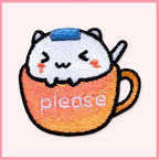 please orange-pink teacup cat kawaii embroidered stick-on patch