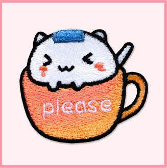 please orange-pink teacup cat kawaii embroidered stick-on patch