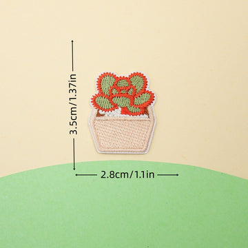beige pot rosette succulent embroidered stick-on patch — tight spiral of green and red leaves