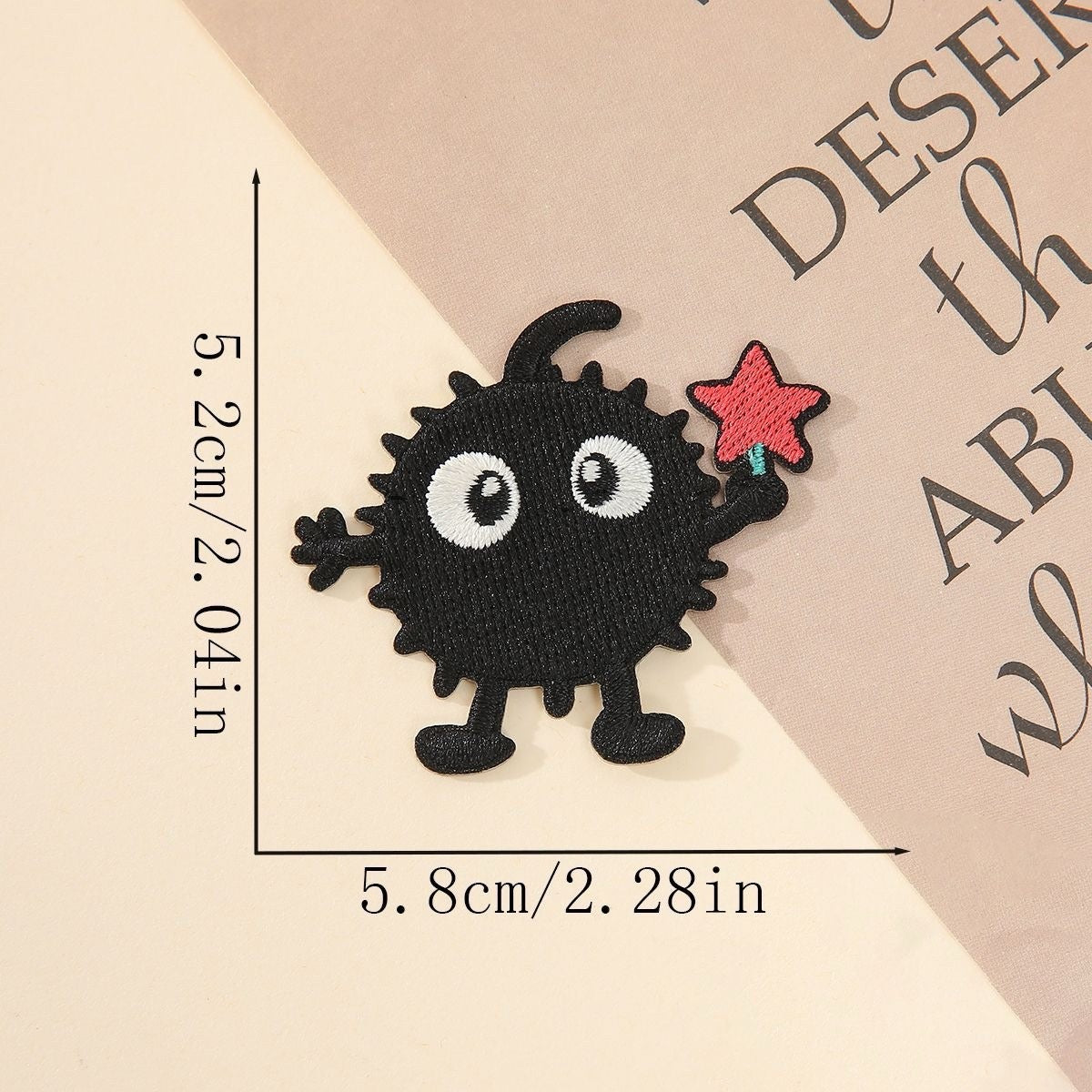 spiky dust bunny embroidered stick-on patch with red star