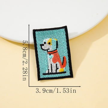 patchwork hound retro pop art embroidered stick-on patch on teal background