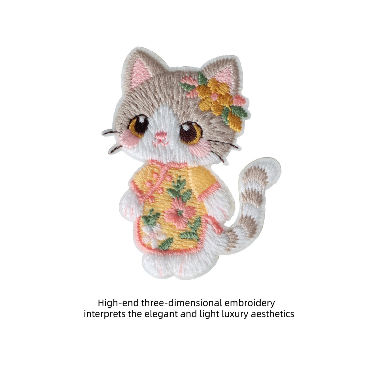 yellow blossom cheongsam tabby cat 3D embroidered stick-on patch