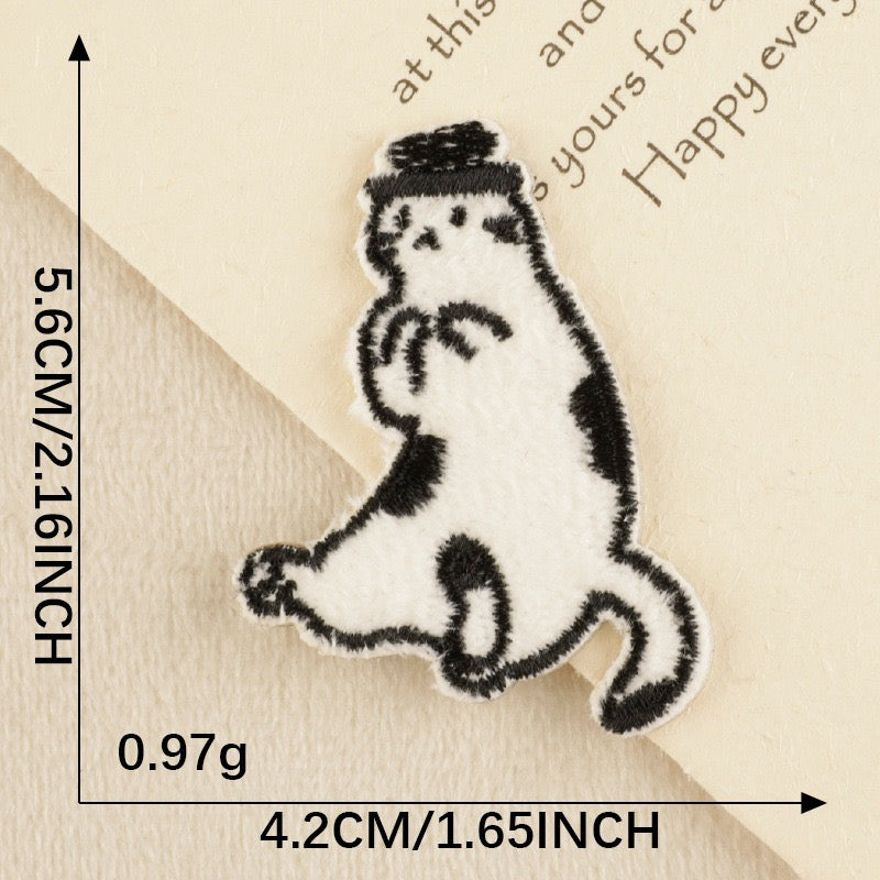 gentleman cat in top hat kawaii black and white embroidered stick-on patch