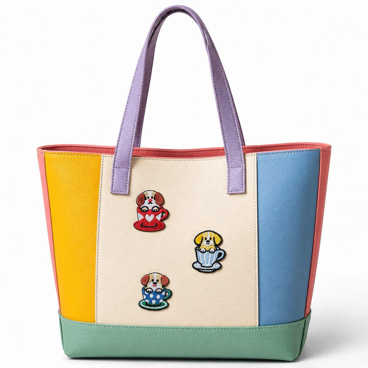 teacup dogs and cat embroidered stick-on patches on canvas tote bag — assorted cup patterns