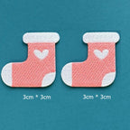 coral pink heart stocking embroidered stick-on patches — pair of coral pink stockings with white cuff white heart motif and white toe 30x30mm