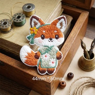 fox in sage green floral cheongsam with yellow blossom hairpin kawaii chinoiserie embroidered stick-on patch