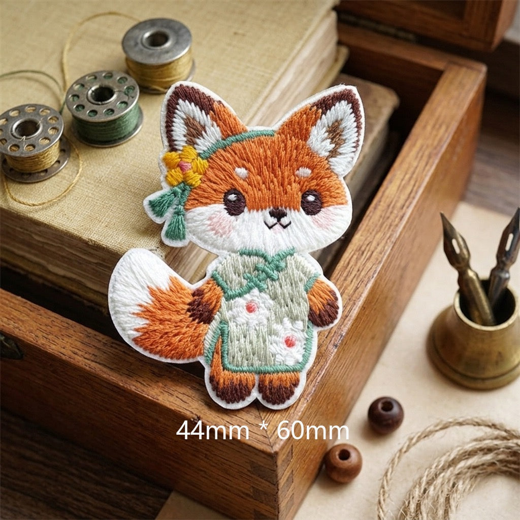 fox in sage green floral cheongsam with yellow blossom hairpin kawaii chinoiserie embroidered stick-on patch