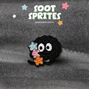 soot sprite group with colorful stars embroidered stick-on patch