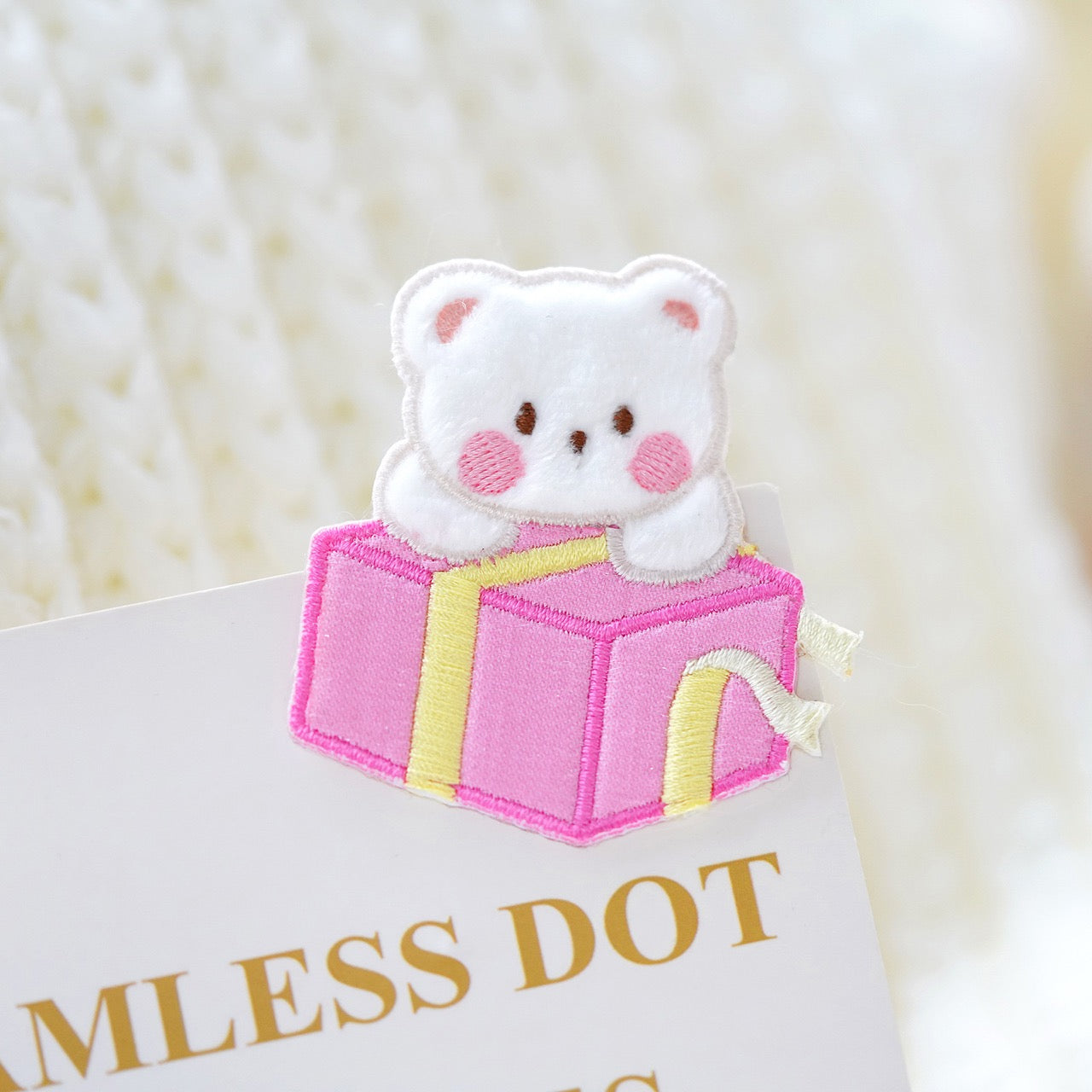 peeking bear in pink surprise box plush embroidered stick-on patch