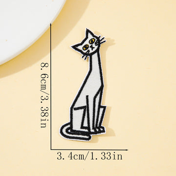 elegant curled tail minimalist white cat embroidered stick-on patch