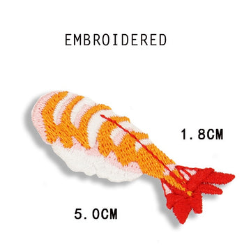 ebi shrimp nigiri embroidered stick-on patch with orange shrimp and red tail