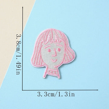soft pink bob-cut girl minimalist line art embroidered stick-on patch