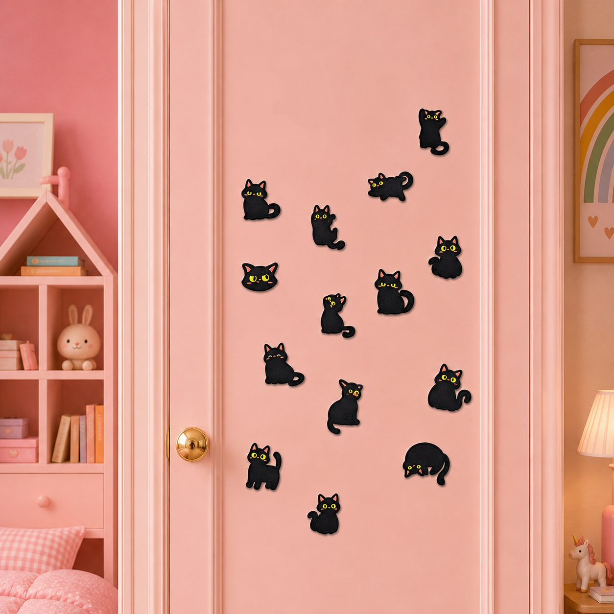 thirteen whimsical void black cat embroidered patches with yellow green eyes in various poses scattered across a pink bedroom door