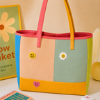 happy smiley face embroidered stick-on patches on canvas tote bag